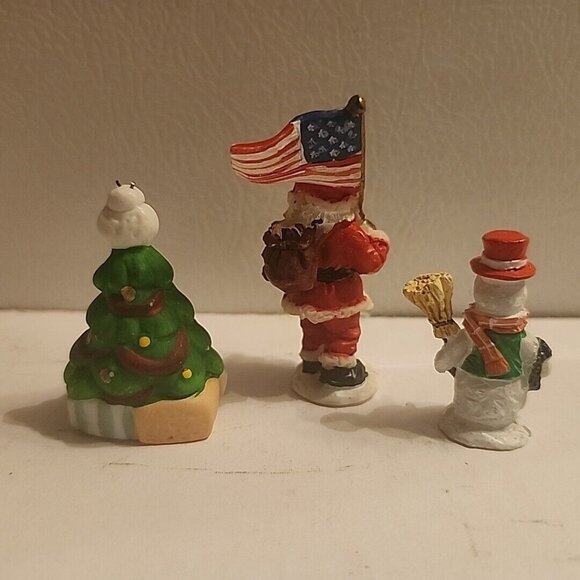 3 Christmas Village Accessories Miniature Figurines Santa w Flag Tree Snowman - Picture 2 of 3